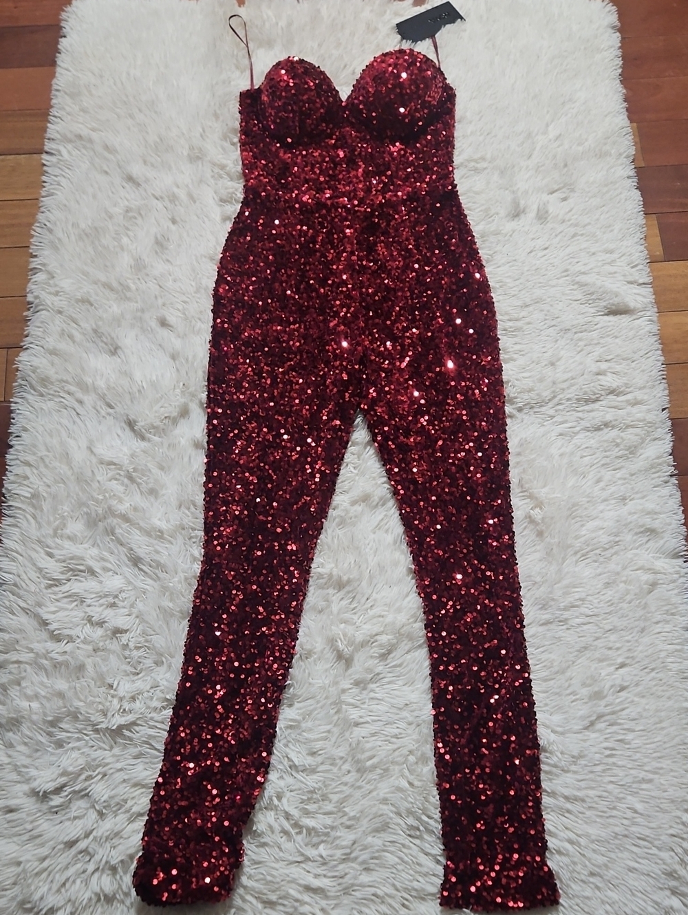 NWT Fashion Nova LUXE Red Sequin Strapless Jumpsuit